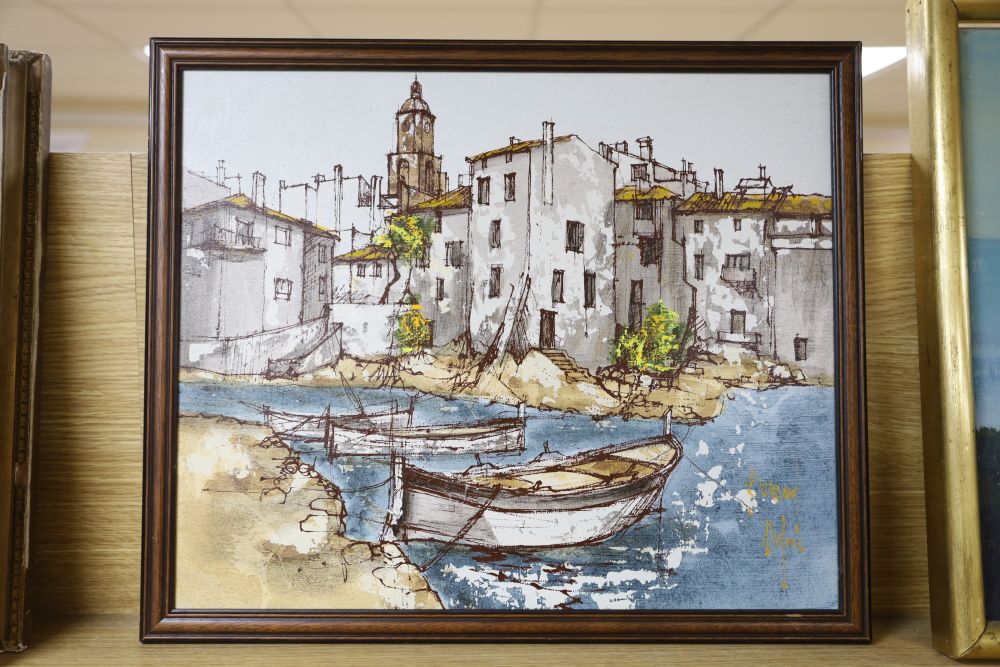 Bernard Dufour (1922-2016), oil on canvas board, Mediterranean fishing village, 37 x 45cm